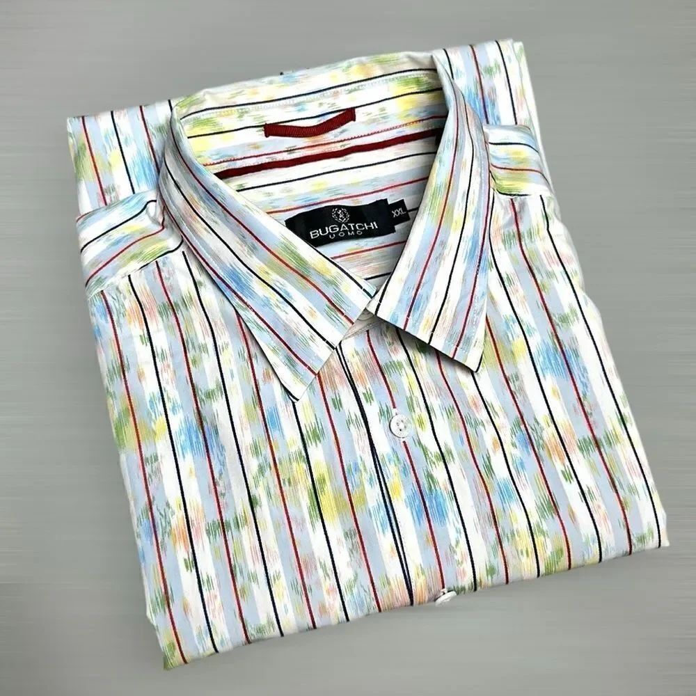 Bugatchi Uomo Cotton Shirt Button Down Striped White Multicolor Long Sleeve XXL
